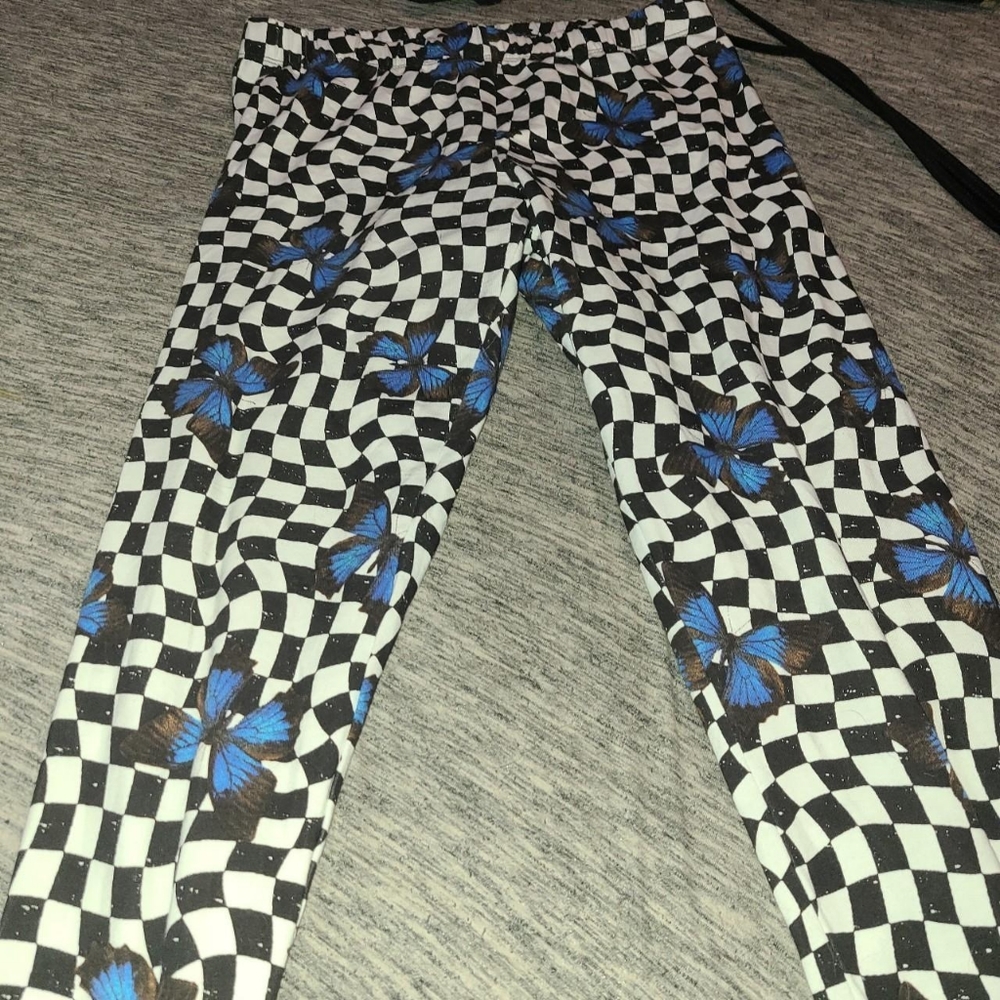 Checkered and butterfly print leggings